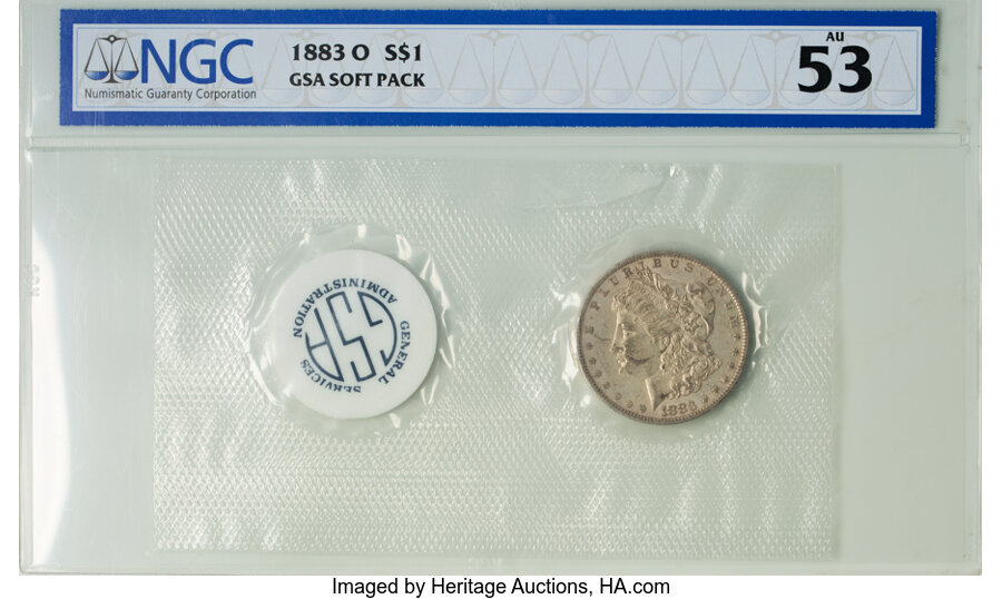 1883-O $1 GSA Hoard AU53 NGC. NGC Census: (0/362). PCGS Population: (0/27). AU53. Mintage 8,725,000. ...