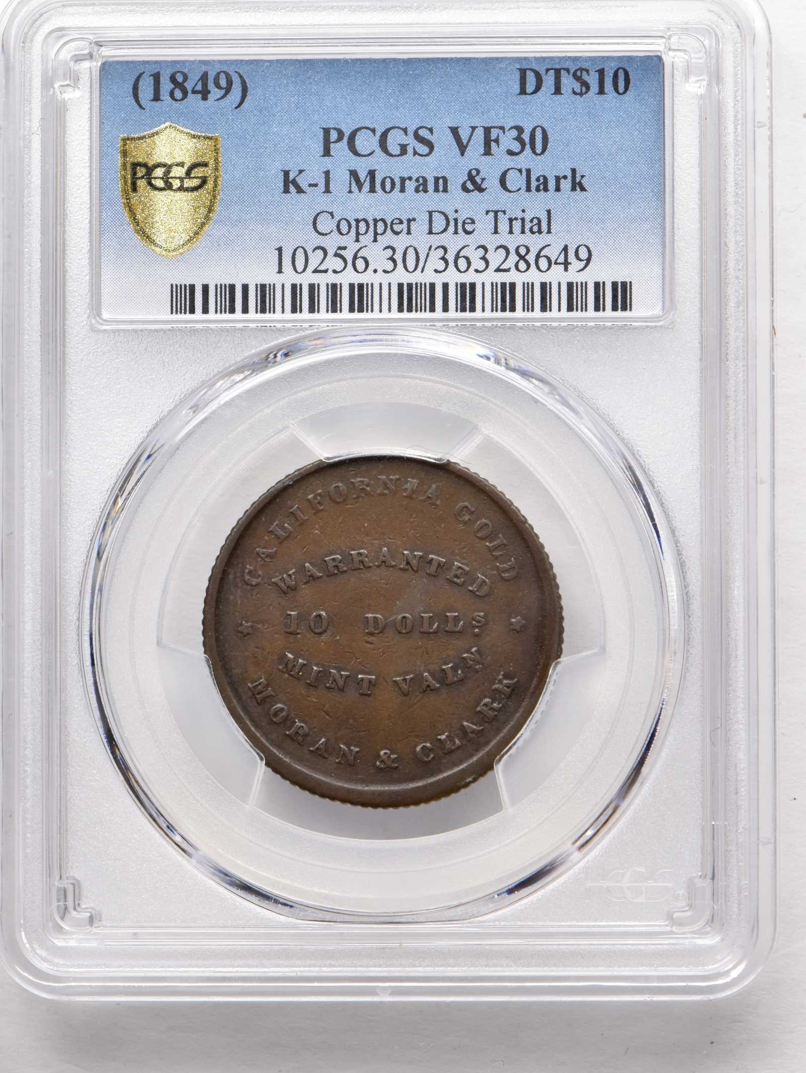 (1849) DT$10 Moran & Clark, Copper Die Trial MS BN thumbnail 12