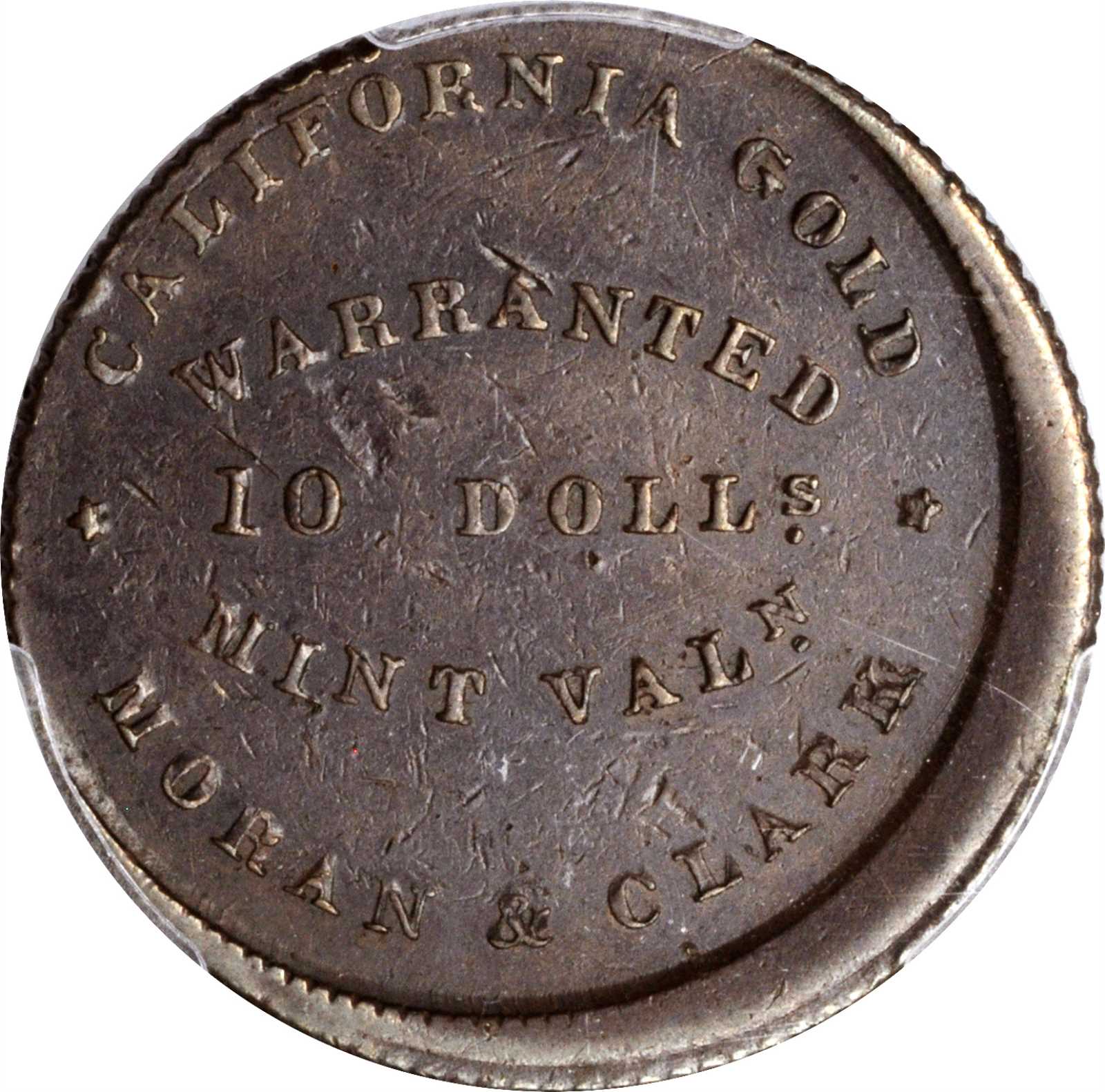 (1849) DT$10 Moran & Clark, Copper Die Trial MS BN