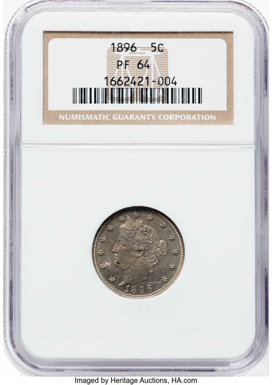 1896 5C PR64 NGC. NGC Census: (151/152). PCGS Population: (227/136). CDN: $300 Whsle. Bid for NGC/PCGS PR64. Mintage 1,862....