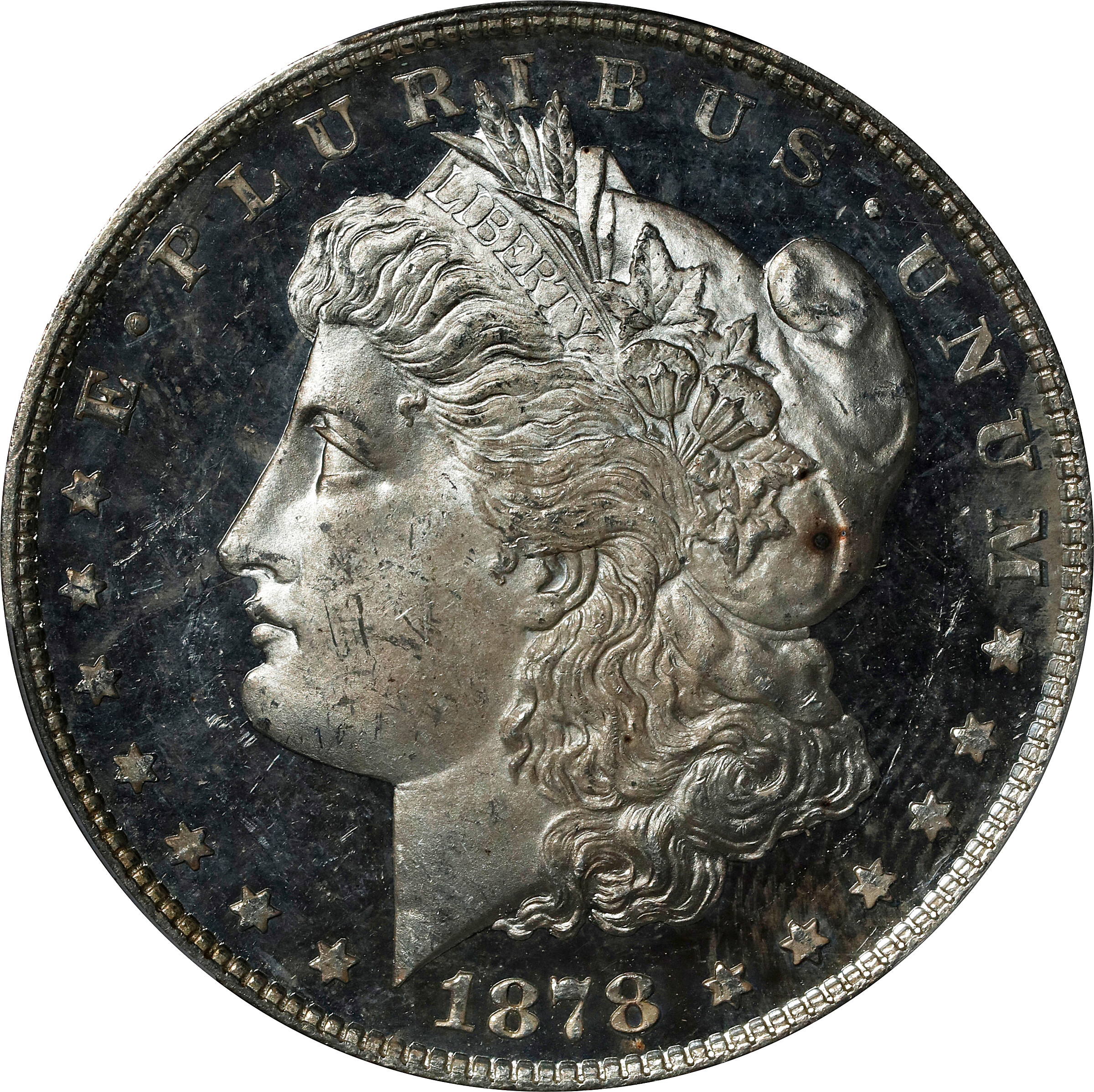 image for: 1878 Morgan Silver Dollar. 8 Tailfeathers. VAM-2. Lines in LIB. MS-64+ DMPL (PCGS). CAC.