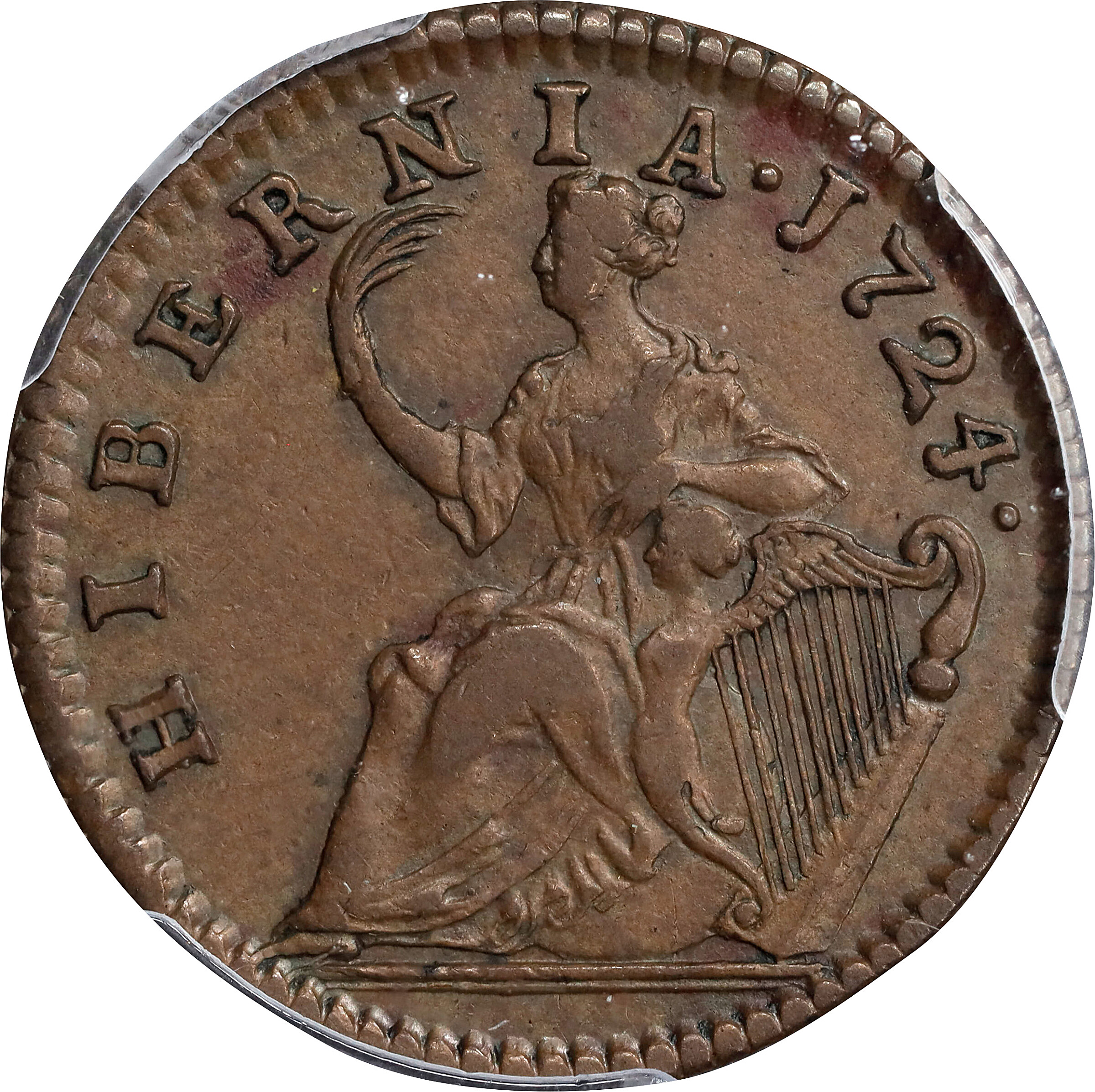 image for: 1724 Wood's Hibernia 1/2 P PCGS AU55 BN CAC