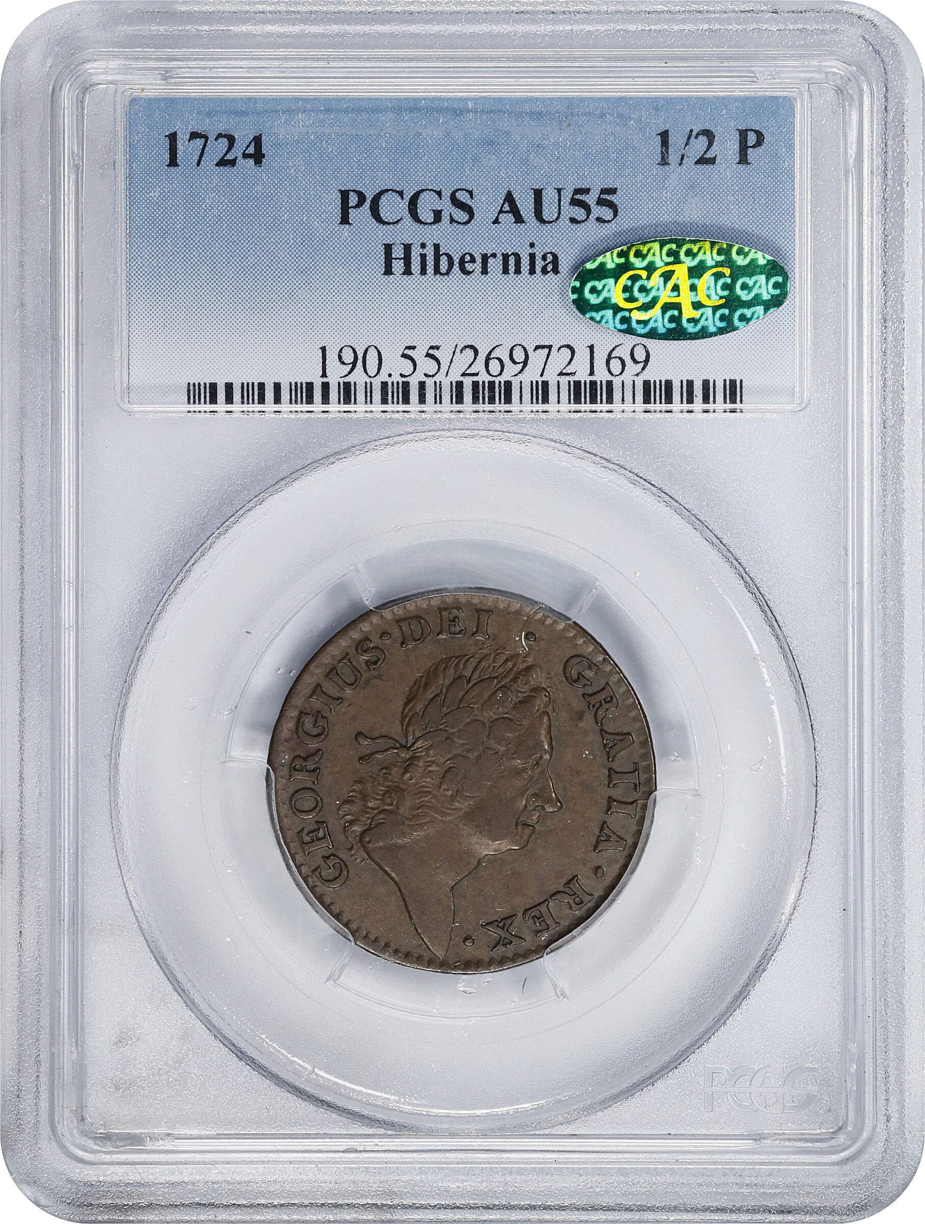 image for: 1724 Wood's Hibernia 1/2 P PCGS AU55 BN CAC