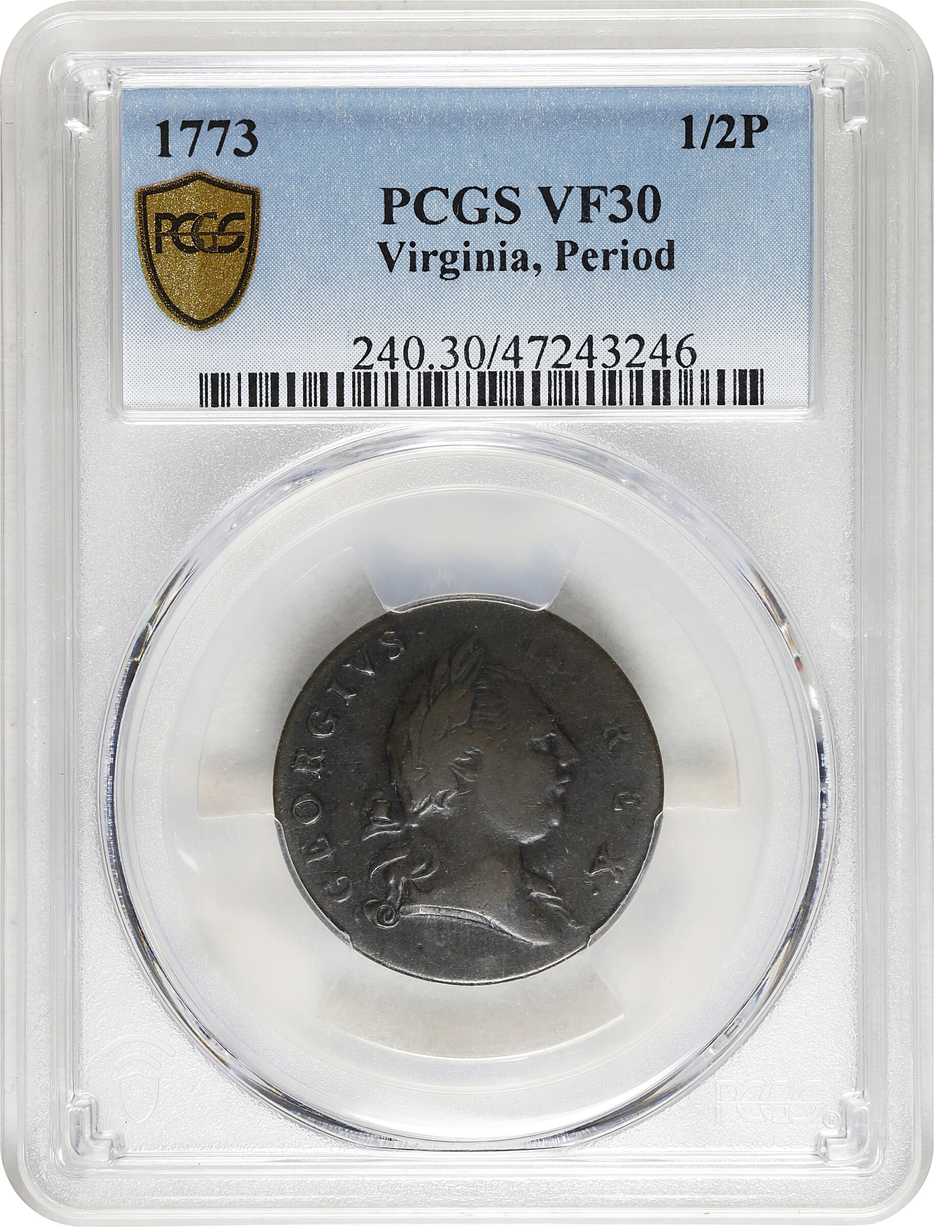 image for: 1773 Virginia With Period 1/2 P PCGS VF30 BN