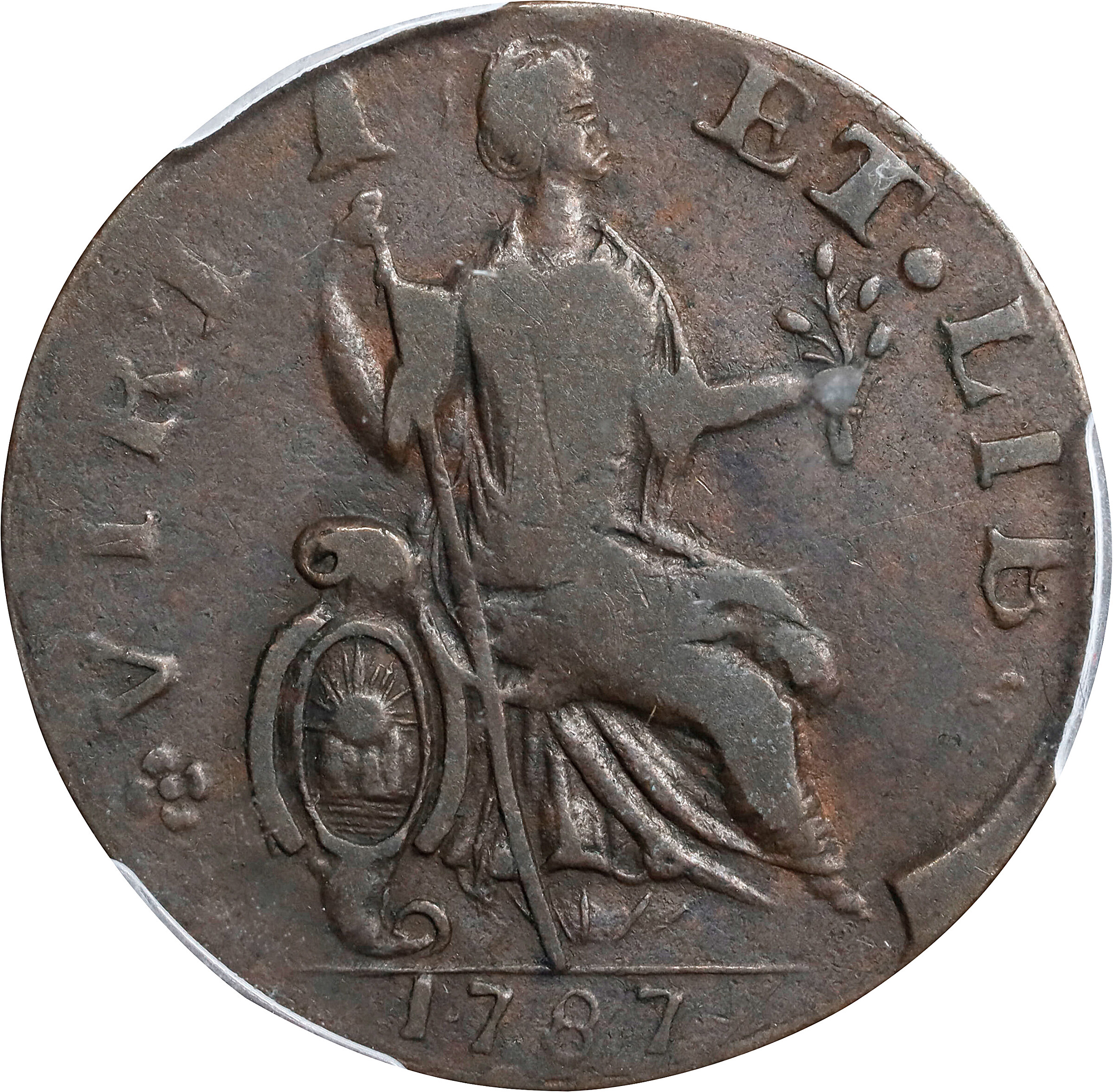 image for: 1787 Nova Eborac Seated Right Copper PCGS VF20 BN CAC