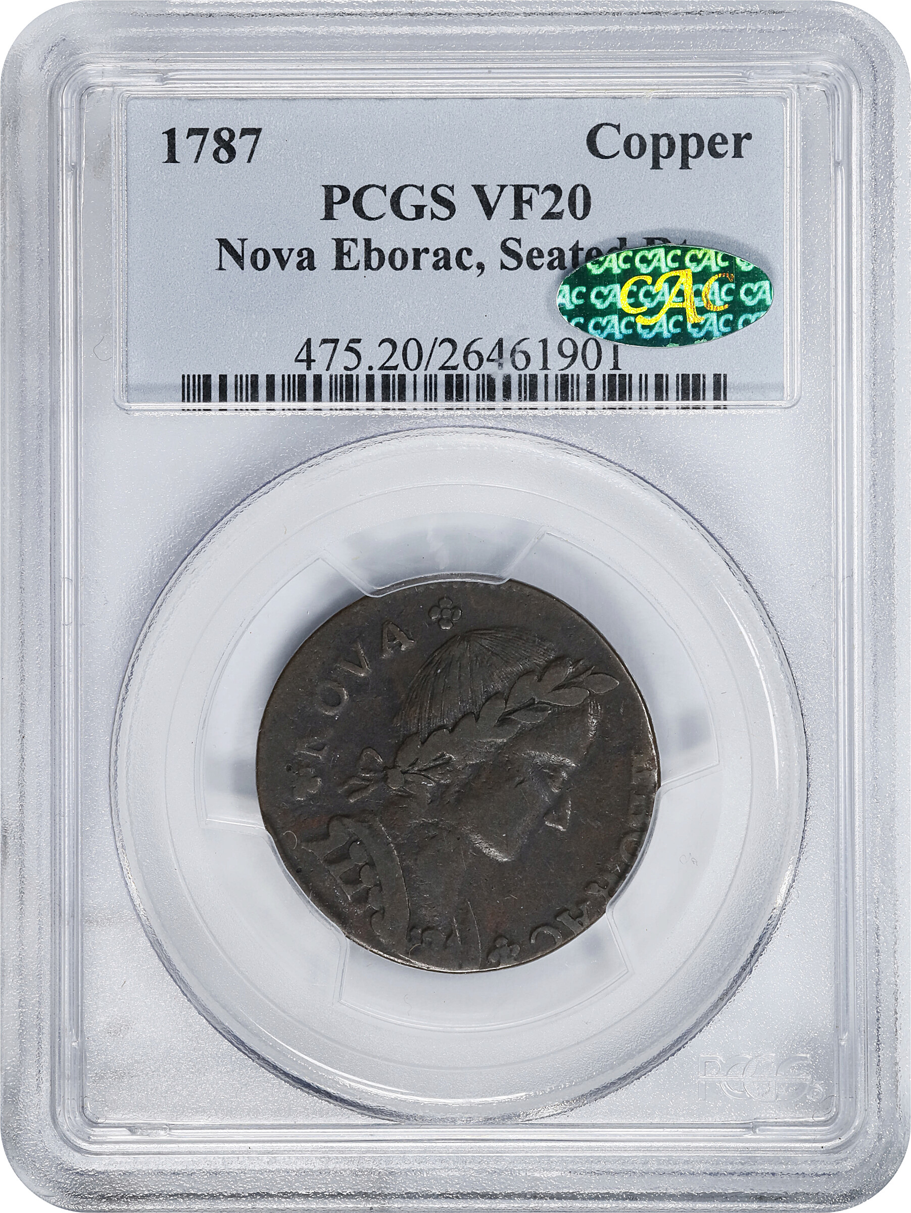 image for: 1787 Nova Eborac Seated Right Copper PCGS VF20 BN CAC