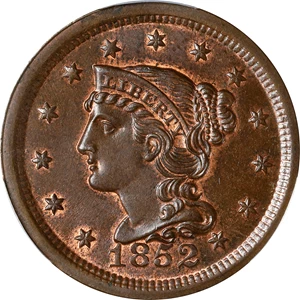image for: 1852 Braided Hair Cent. N-3. Rarity-1. MS-65 BN (PCGS).