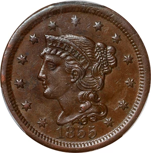 image for: 1855 Braided Hair Cent. N-4. Rarity-1. Upright 5s. AU-58 (PCGS).