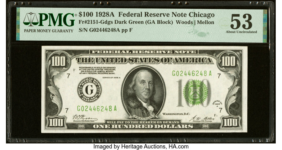 Fr. 2151-G $100 1928A Federal Reserve Note. PMG About Uncirculated 53....