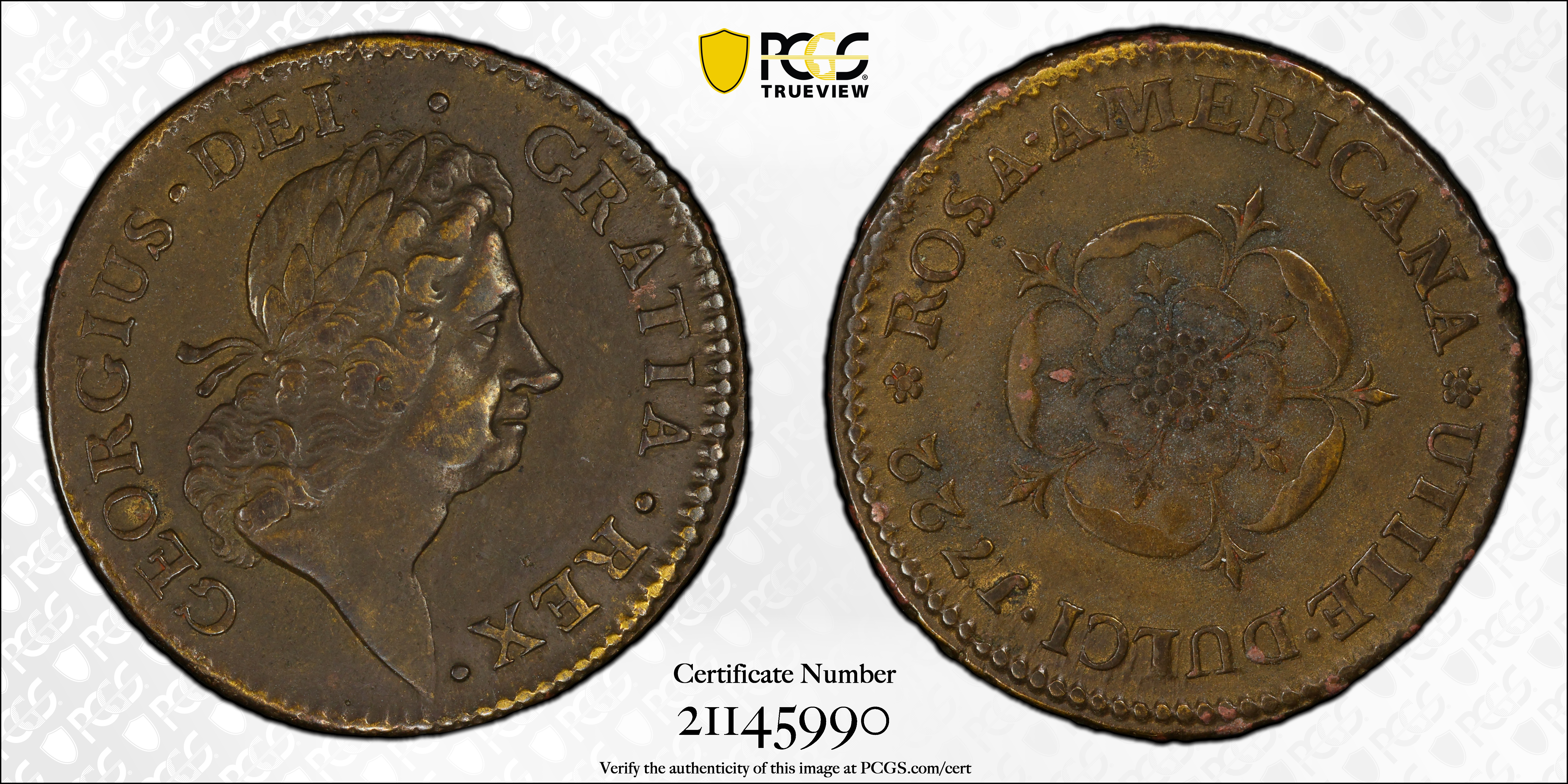 image for: 1722 Rosa Americana UTILEDULC 1P PCGS AU53 BN