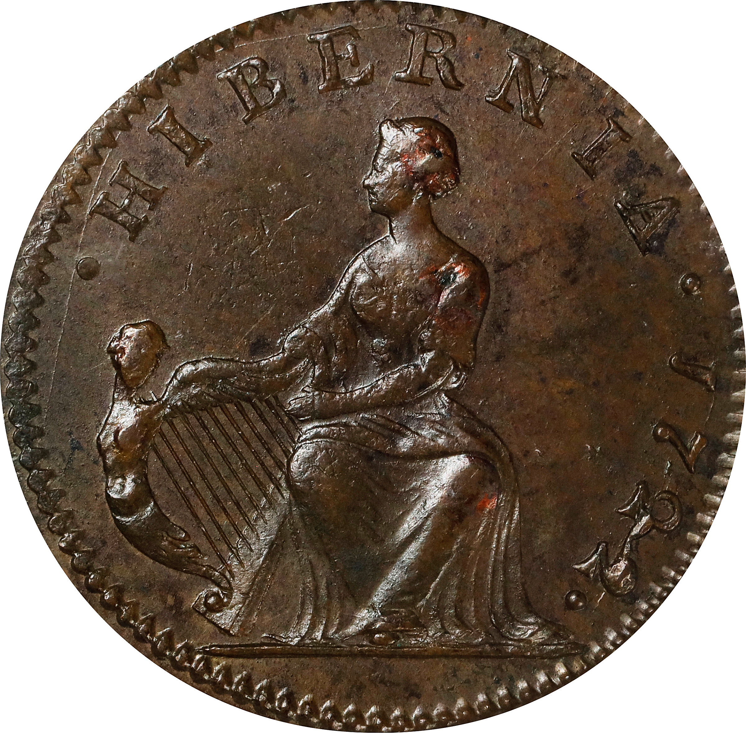 image for: 1722 Wood's Hibernia First Type, Harp at Left 1/2 P PCGS MS64 BN CAC