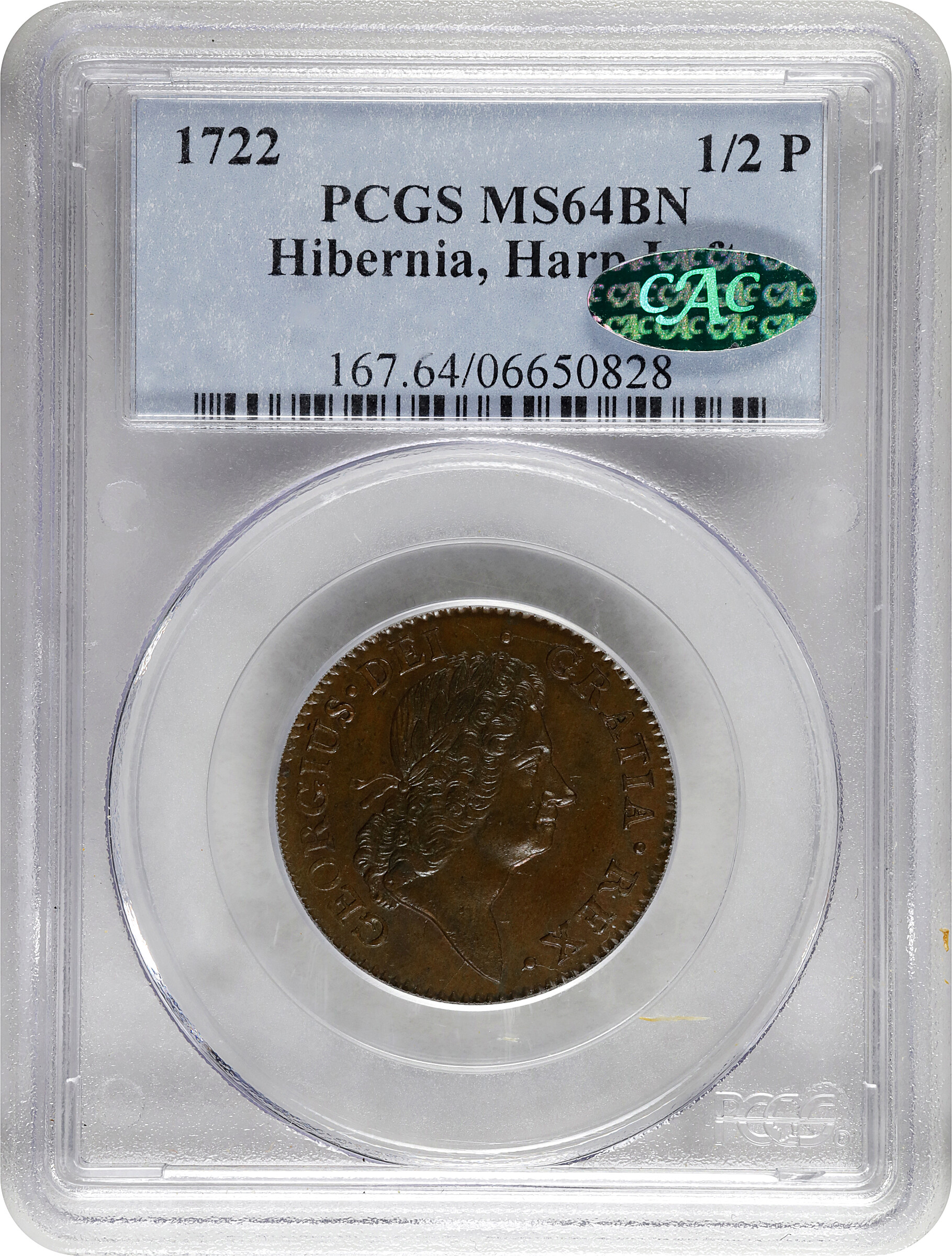 image for: 1722 Wood's Hibernia First Type, Harp at Left 1/2 P PCGS MS64 BN CAC