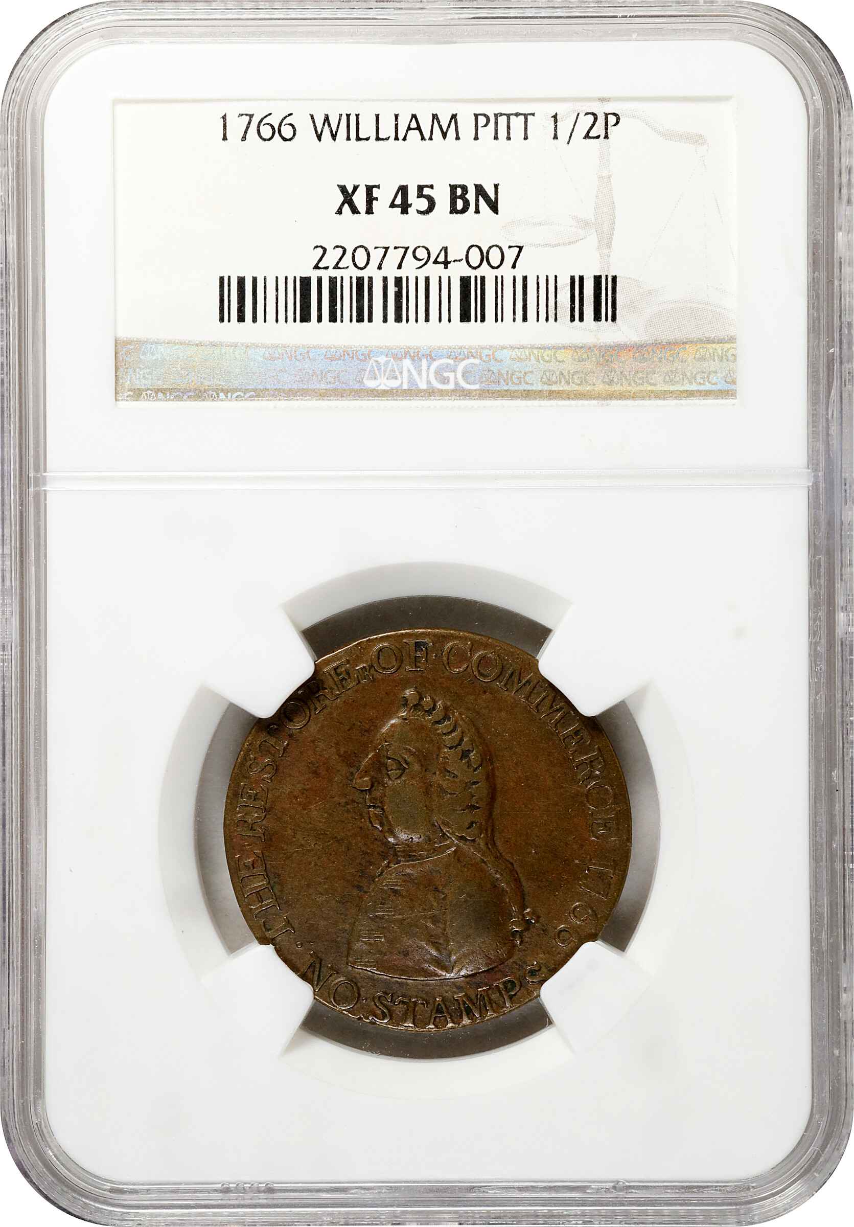 image for: 1766 Pitt 1/2 P NGC XF45 BN