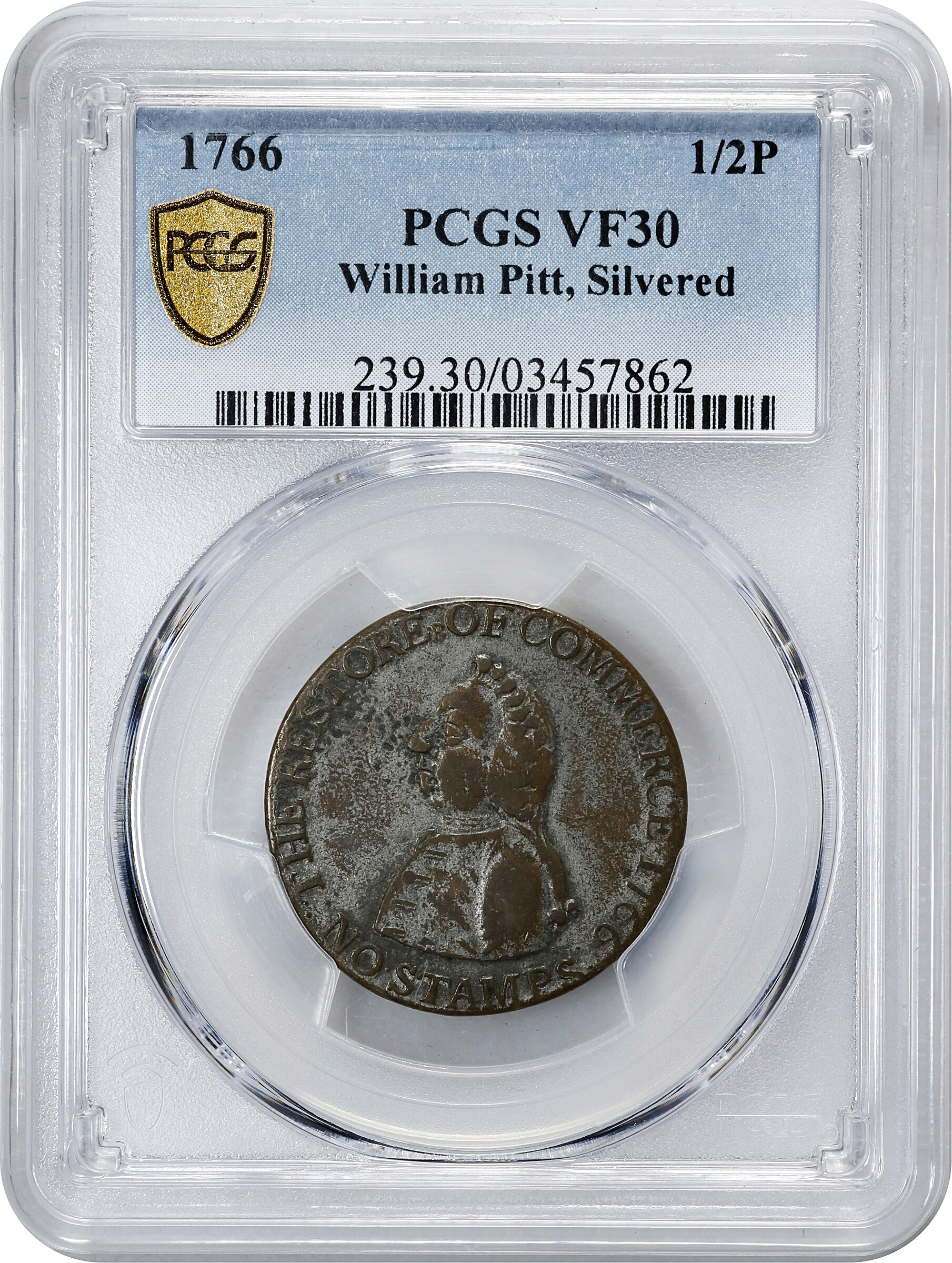 image for: 1766 Pitt Silvered 1/2 P PCGS VF30