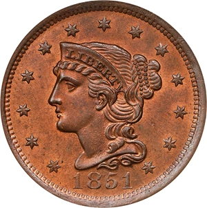 image for: 1851 Braided Hair Cent. N-2. Rarity-1. MS-65 RB (PCGS).