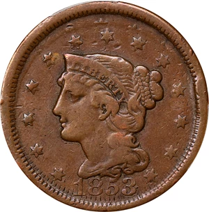 image for: 1853 Braided Hair Cent. N-25. Rarity-1. Double Struck. Fine-12 (PCGS).