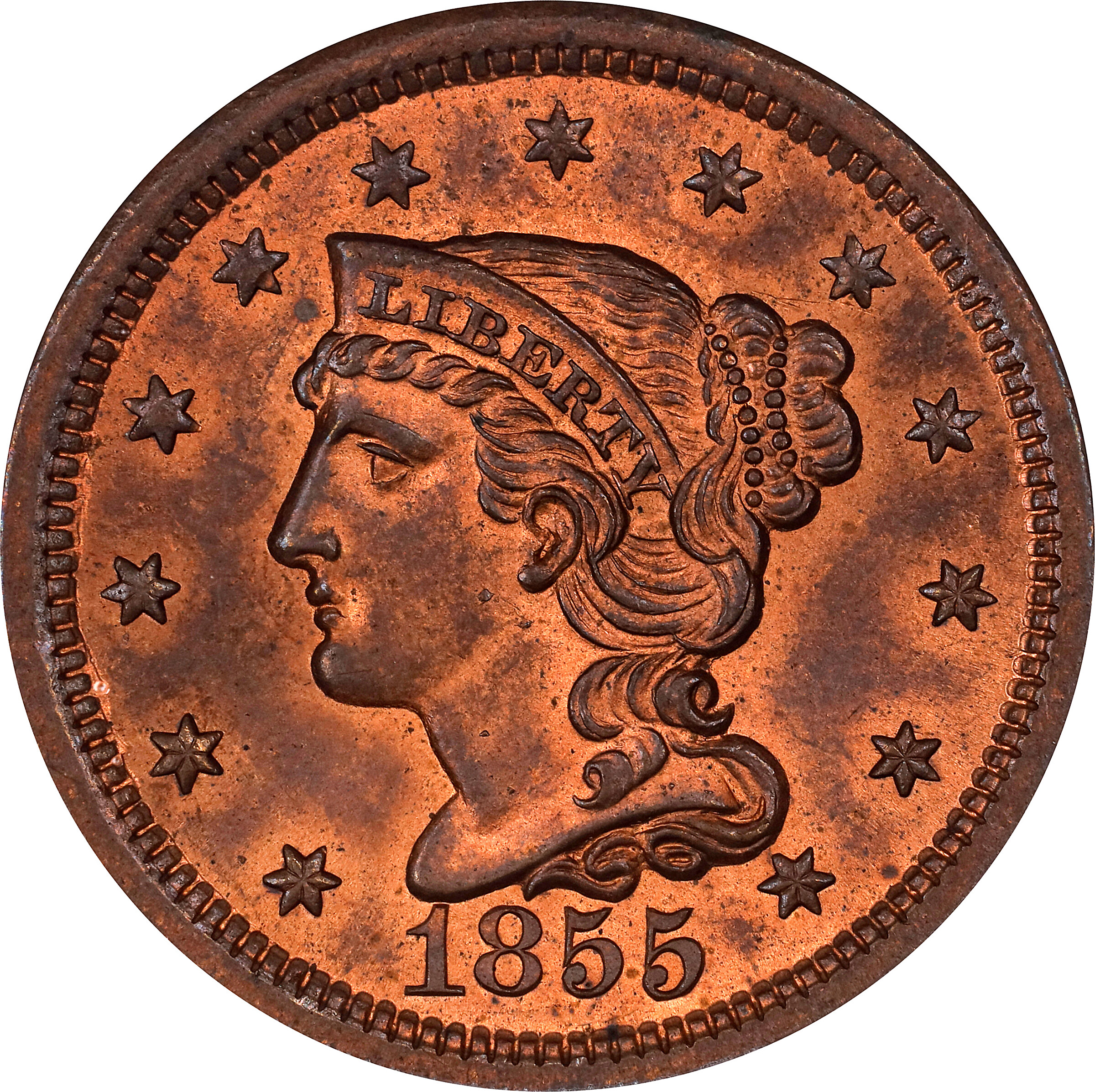 1855 1c Upright 55, N-4 MS RB