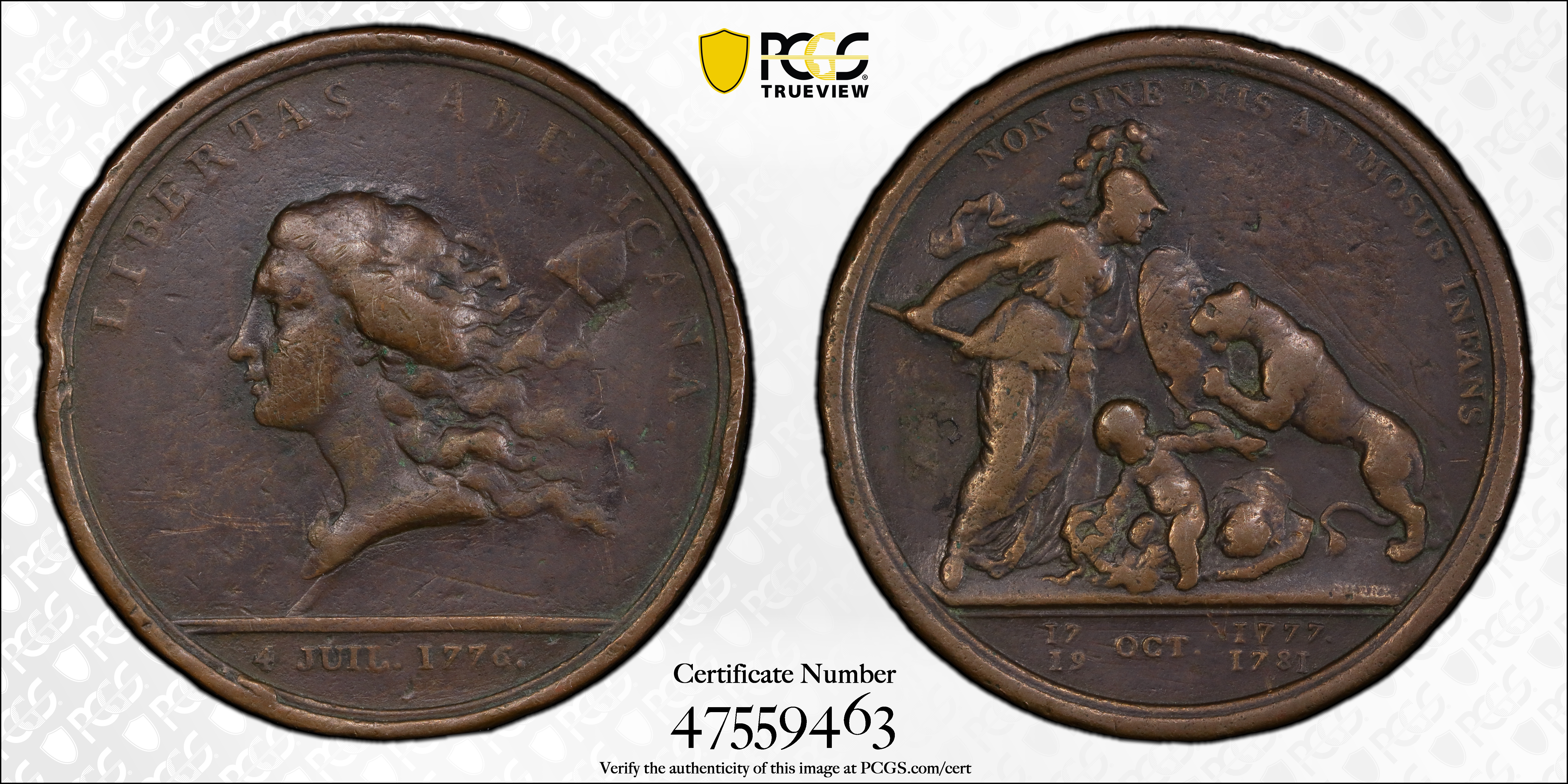 image for: "1781" (1783) Bronze Adams-Bentley 15, Betts-615 Libertas Americana Medal PCGS BN