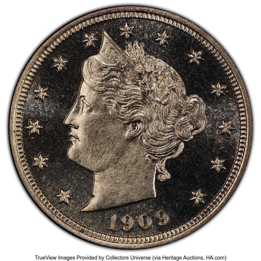 1909 5C PR67 Cameo PCGS. CAC. PCGS Population: (37/6 and 18/2+). NGC Census: (23/9 and 4/0+). PR67. Mintage 4,763. ...