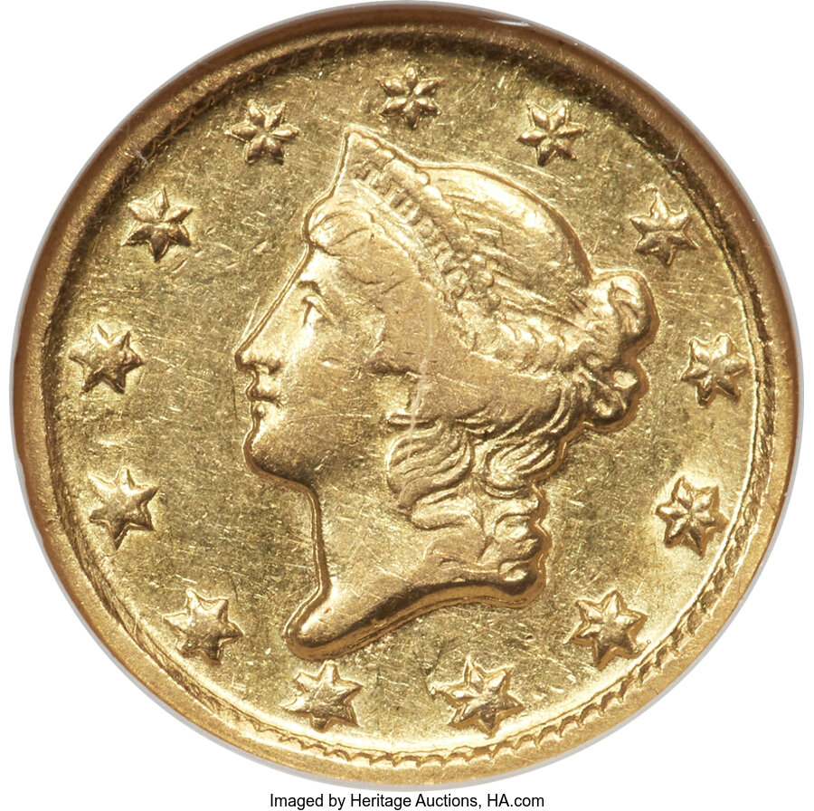 1850-D G$1 AU55 NGC. Variety 2-C....