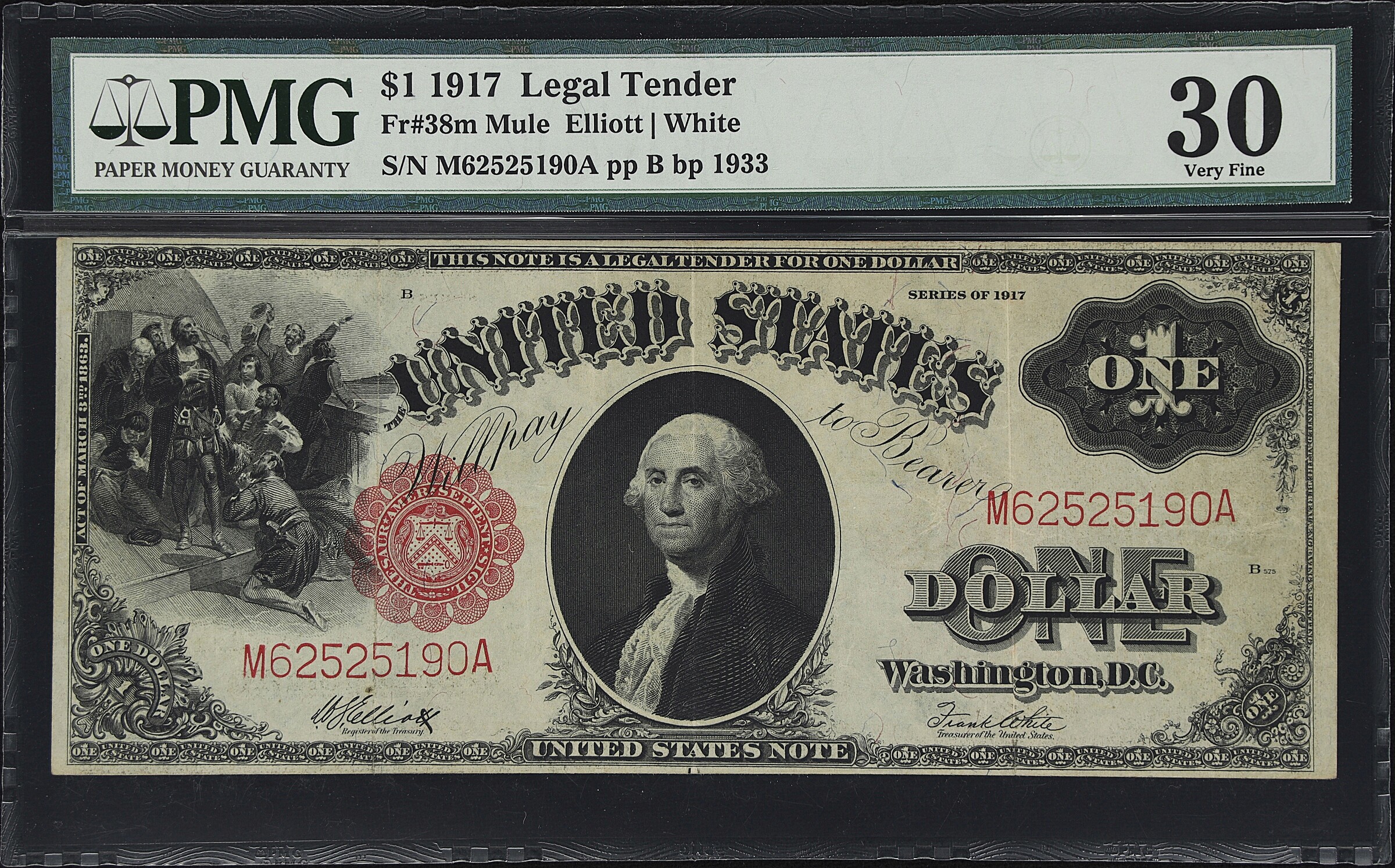 image for: Fr. 38m. 1917 $1 Legal Tender Mule Note. PMG Very Fine 30.