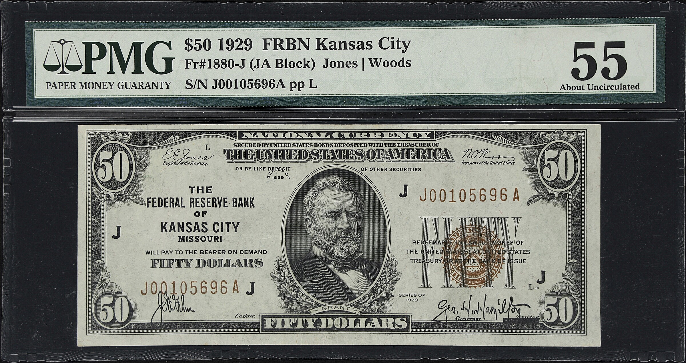 Fr. 1880-J. 1929 $50 Federal Reserve Bank Note. Kansas City. PMG About Uncirculated 55.