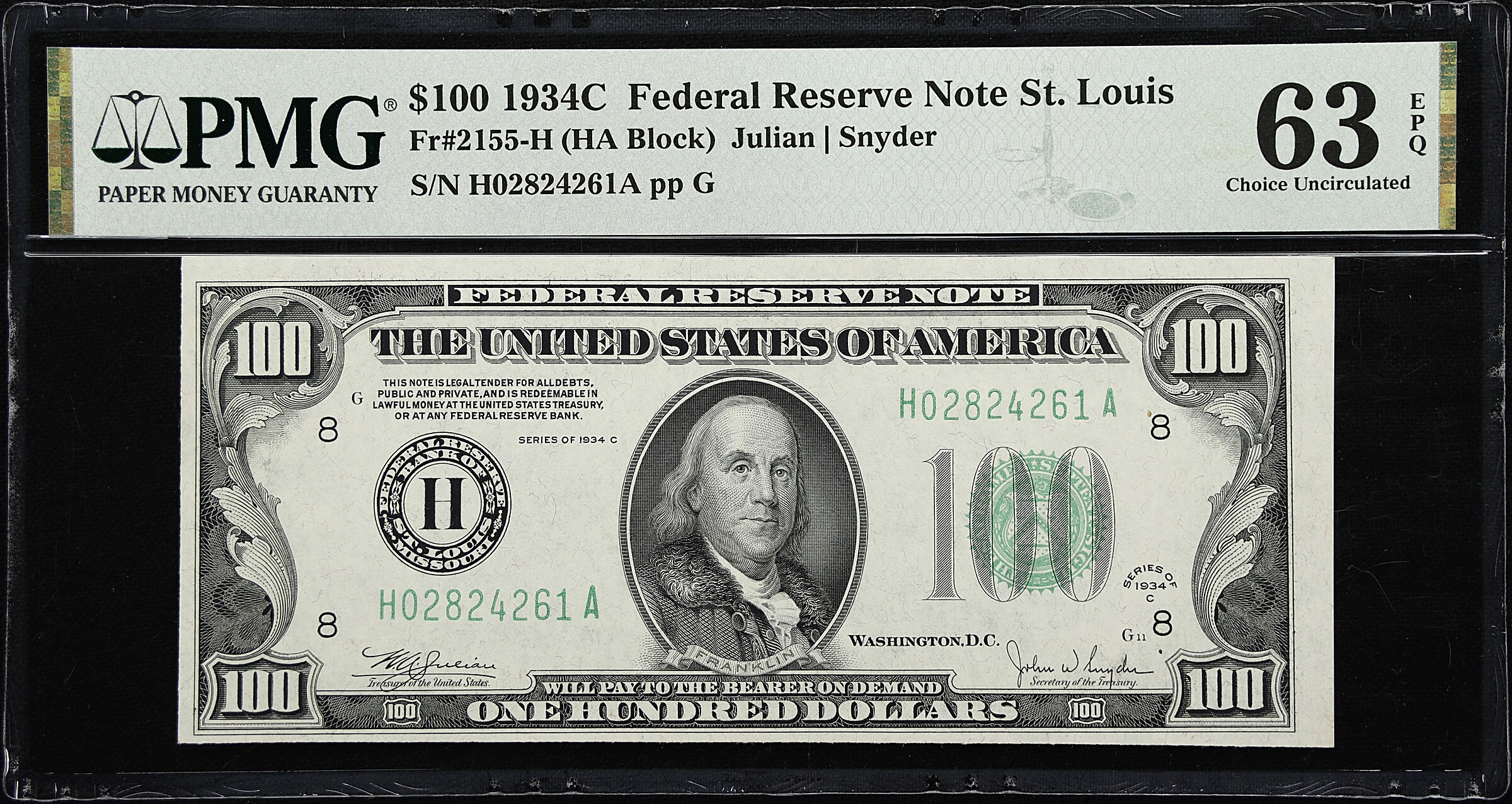 Fr. 2155-H. 1934C $100 Federal Reserve Note. St. Louis. PMG Choice Uncirculated 63 EPQ.