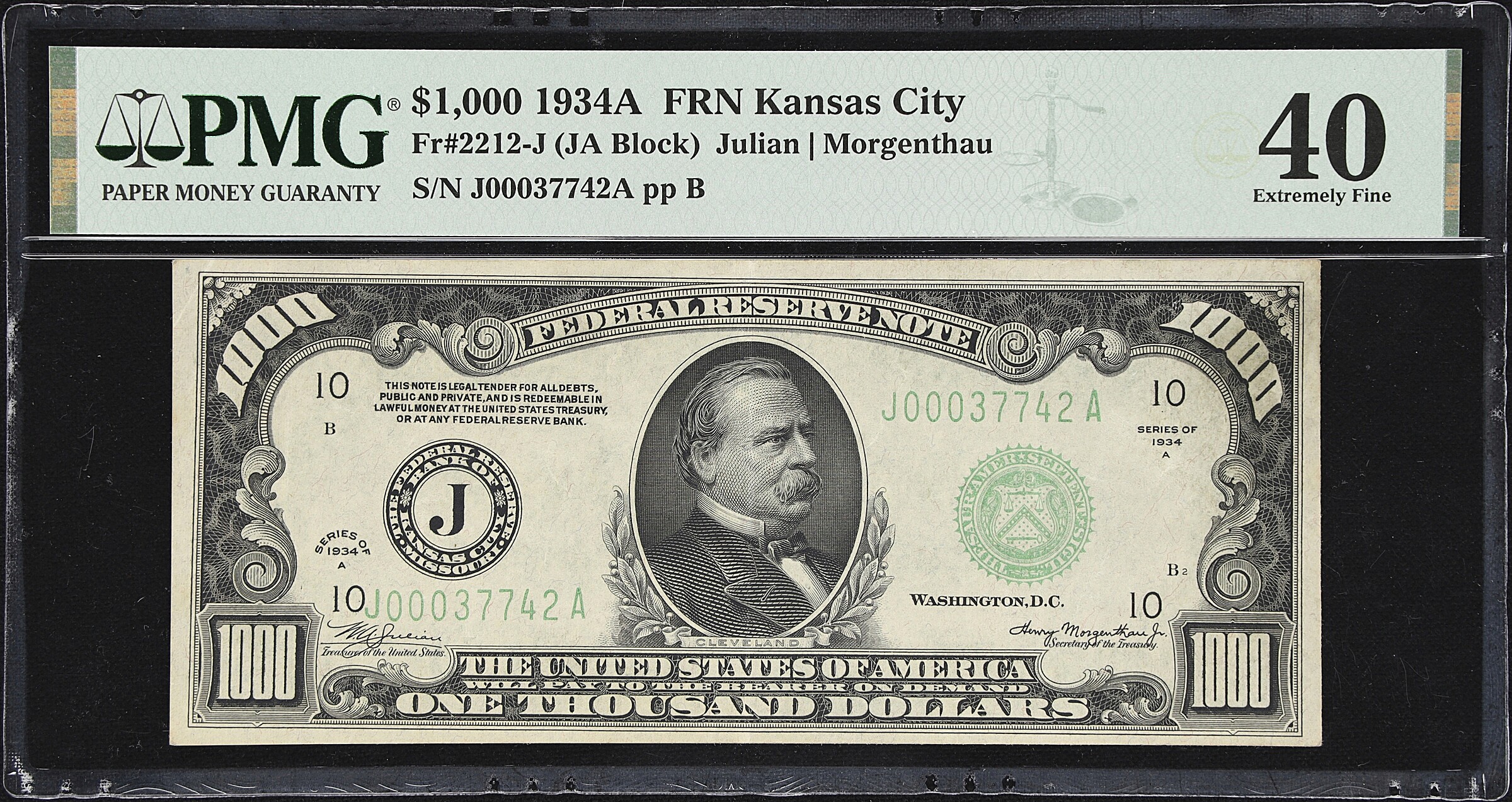 Fr. 2212-J. 1934A $1000 Federal Reserve Note. Kansas City. PMG Extremely Fine 40.