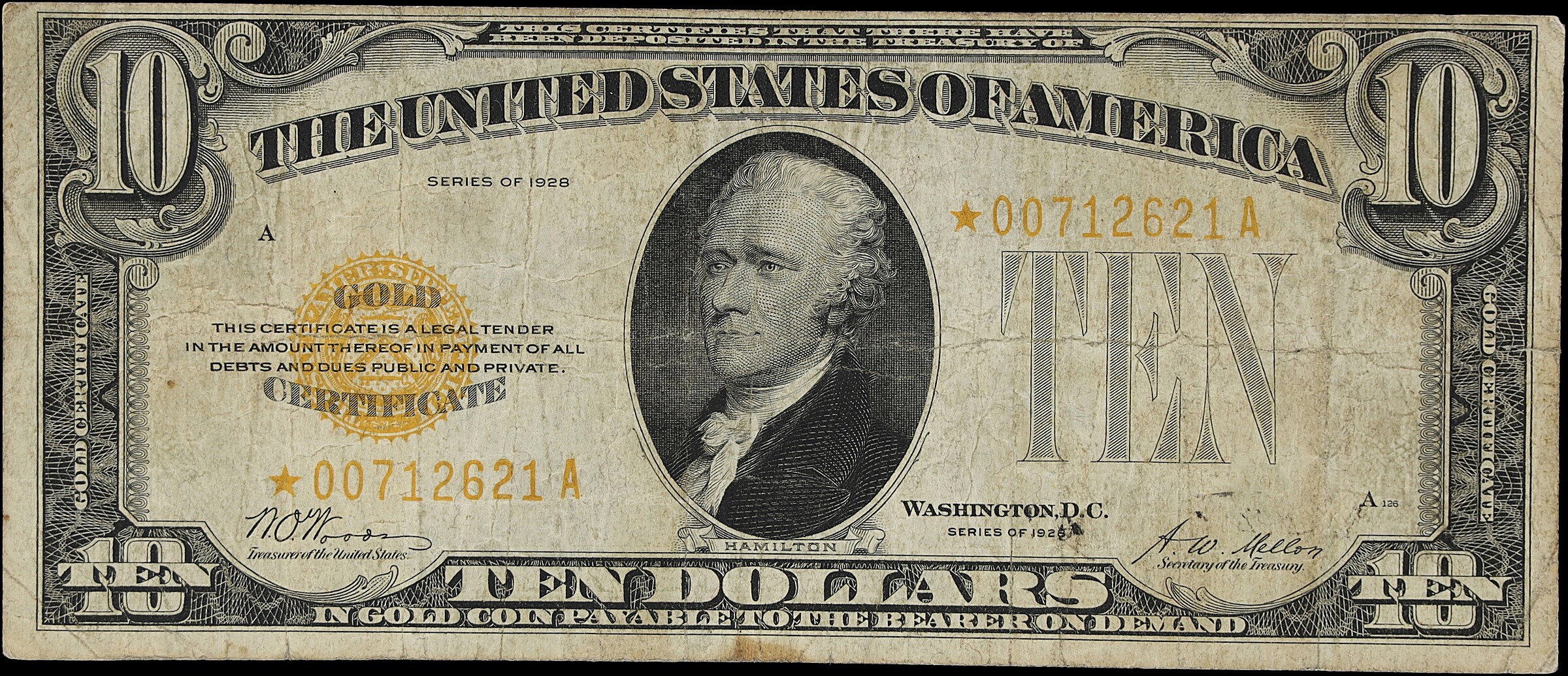 Fr. 2400. 1928 $10 Gold Certificate Star Note. Fine.