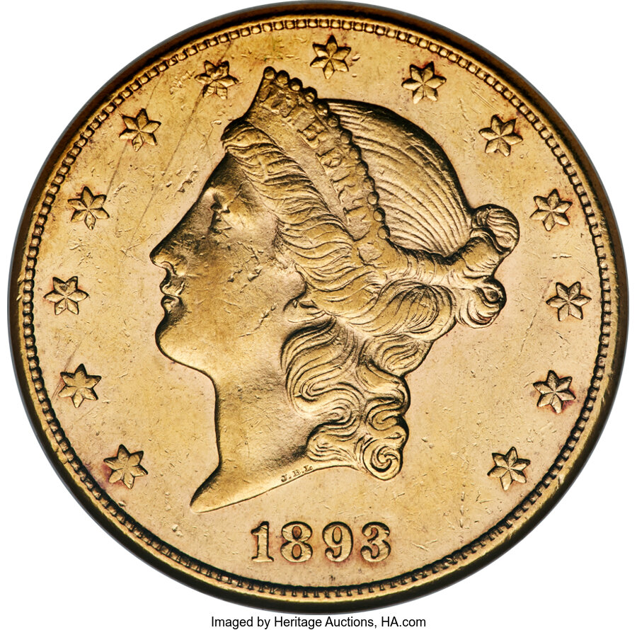 1893-CC $20 AU55 NGC. Variety 1-A....