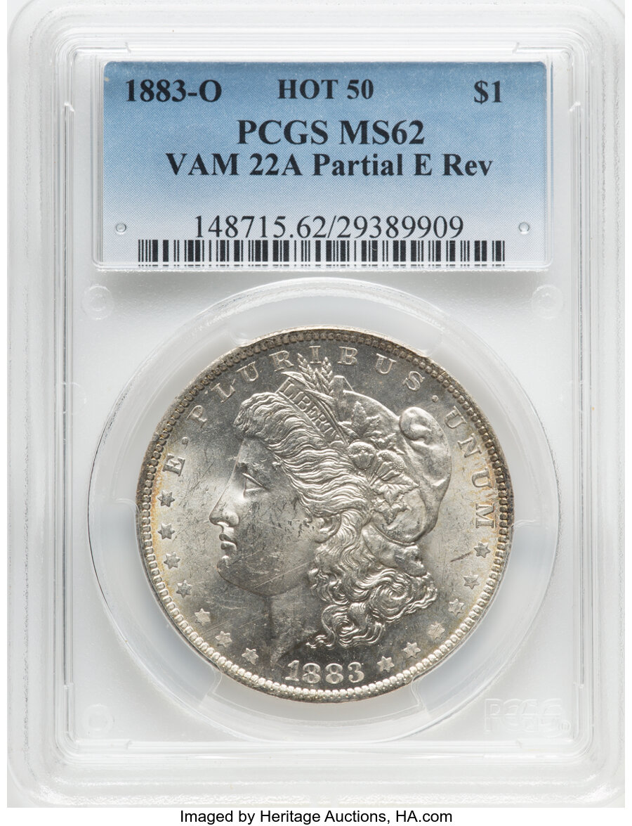 1883-O $1 Partial E on Reverse, VAM-22A, Hot 50, MS62 PCGS. PCGS Population: (25/34). NGC Census: (0/0). MS62....