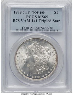 image for: 1878 7TF $1 Reverse of 1878, Tripled Star, VAM-141, Top 100 MS65 PCGS. PCGS Population: (11/1). NGC Census: (3/1). CDN: $1,...