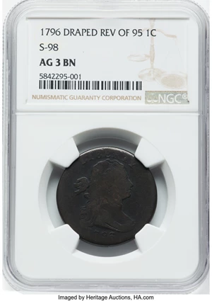 image for: 1796 1C Reverse of 1795, S-98, B-21, R.4, AG3 NGC. NGC Census: (1/1). PCGS Population: (0/3). CDN: $175 Whsle. Bid for NGC/...