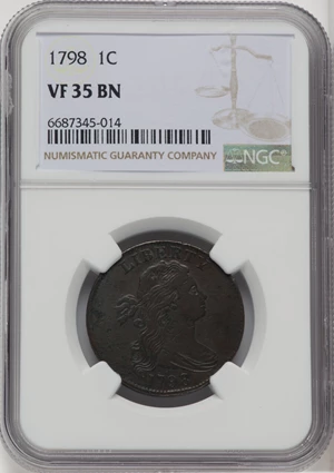 image for: 1798 1C First Hair Style, S-158, B-17, R.4, VF35 NGC. NGC Census: (0/2). PCGS Population: (2/5). VF35. ...
