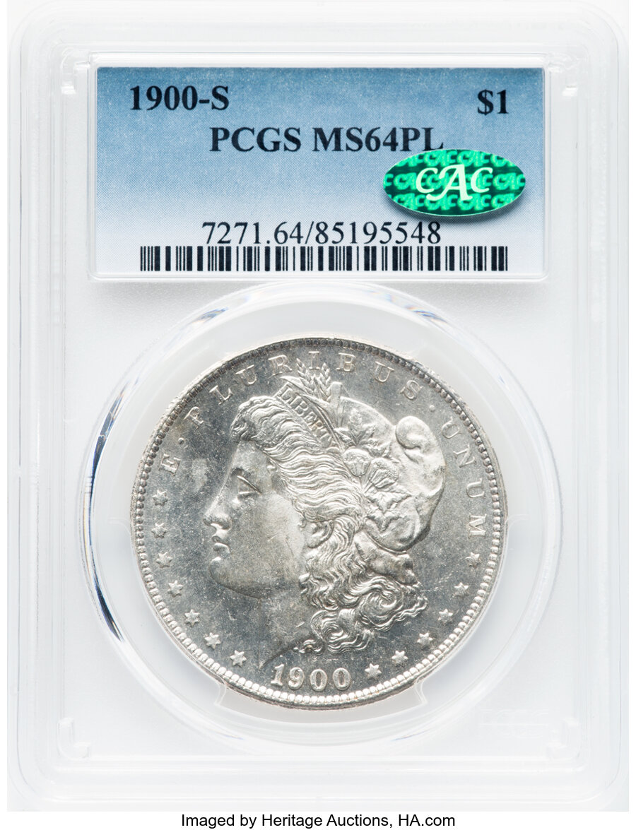 1900-S $1 MS64 Prooflike PCGS. CAC. PCGS Population: (88/27). NGC Census: (68/9). CDN: $1,100 Whsle. Bid for NGC/PCGS MS64....
