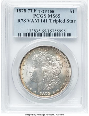 image for: 1878 7TF $1 Reverse of 1878, Tripled Star, VAM-141, MS65 PCGS. A Top 100 Variety. PCGS Population: (11/1). NGC Census: ...