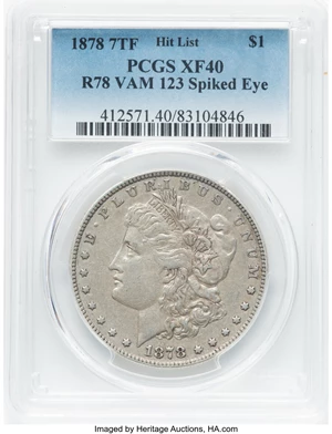 image for: 1878 7TF $1 Reverse of 1878, Spiked Eye, VAM-123, XF40 PCGS. A Hit List 40 Variety. PCGS Population: (6/15). NGC Census: (0...