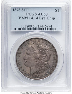 image for: 1878 8TF $1 Eye Chip, VAM-14.14, AU50 PCGS. PCGS Population: (6/3). NGC Census: (0/0). AU50....