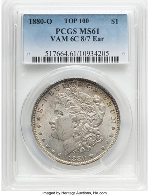 image for: 1880-O $1 8/7 Ear, VAM-6C, MS61 PCGS. A Top 100 Variety. PCGS Population: (3/15). NGC Census: (0/0). MS61....