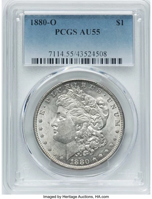 image for: 1880-O $1 8/7 Check Mark, VAM-17A, AU55 PCGS. A Hot 50 Variety, PCGS Population: (1728/13106). NGC Census: (1036/10963). CD...