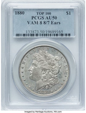 image for: 1880 $1 8/7 Ears, VAM-8, AU50 PCGS. A Hot 100 Variety. PCGS Population: (7/17). NGC Census: (4/5). CDN: $2,600 Whsle. Bid f...