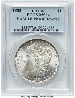 image for: 1885 $1 VAM 1B MS64 PCGS. A Hot 50 Variety. PCGS Population: (7/1). NGC Census: (0/0). CDN: $110.40.Whsle. Bid for NGC/PCGS...