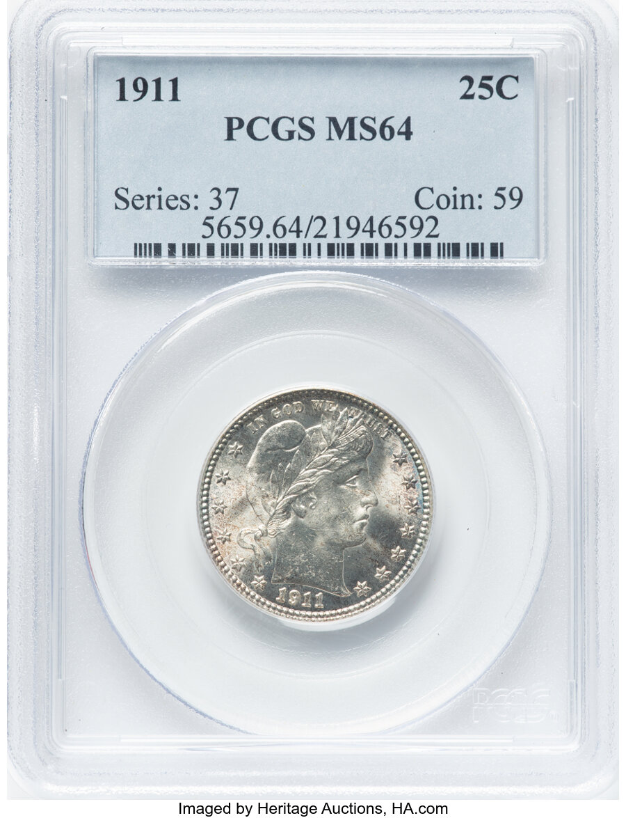 1911 25C MS64 PCGS. PCGS Population: (107/69). NGC Census: (84/31). CDN: $295 Whsle. Bid for NGC/PCGS MS64. Mintage 3,720,5...