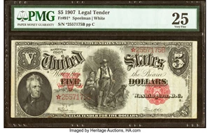 image for: Fr. 91* $5 1907 Legal Tender Star PMG Very Fine 25....