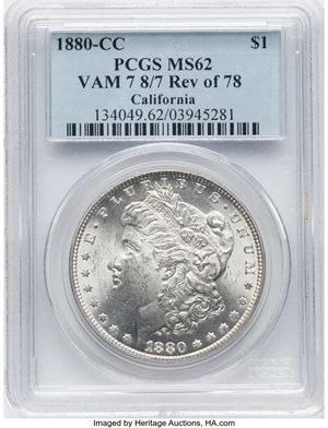 image for: 1880-CC $1 California 8/7, Reverse of 1878, VAM-7, MS62 PCGS. PCGS Population: (10/95). NGC Census: (169/1054). CDN: $960 W...