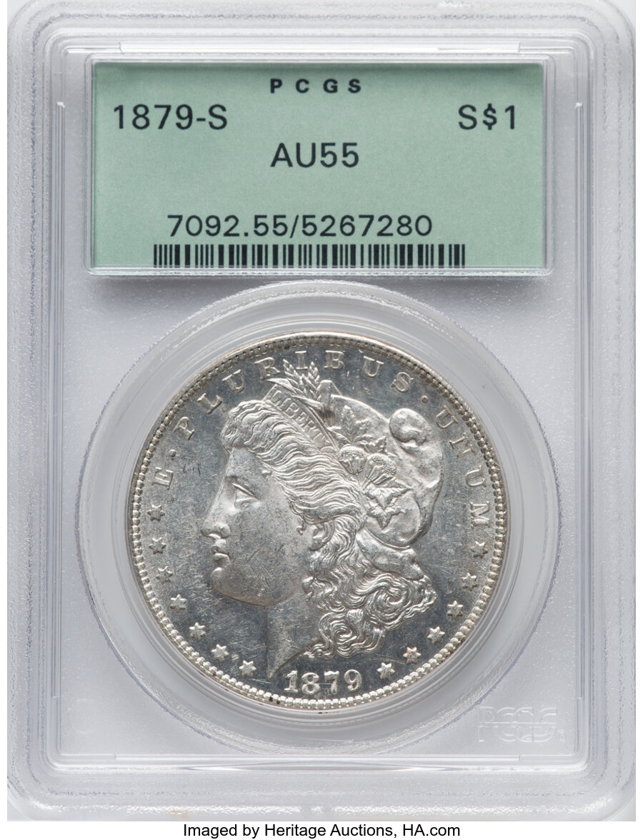 1879-S $1 VAM-33A AU55 PCGS. PCGS Population: (171/117015). NGC Census: (78/111432). CDN: $49 Whsle. Bid for NGC/PCGS AU55....