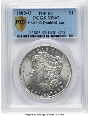image for: 1880-O $1 Doubled Ear, VAM-43, MS62 PCGS. A Top 100 Variety. PCGS Population: (9/6 and 0/0+). NGC Census: (0/0 and 0/0+). M...