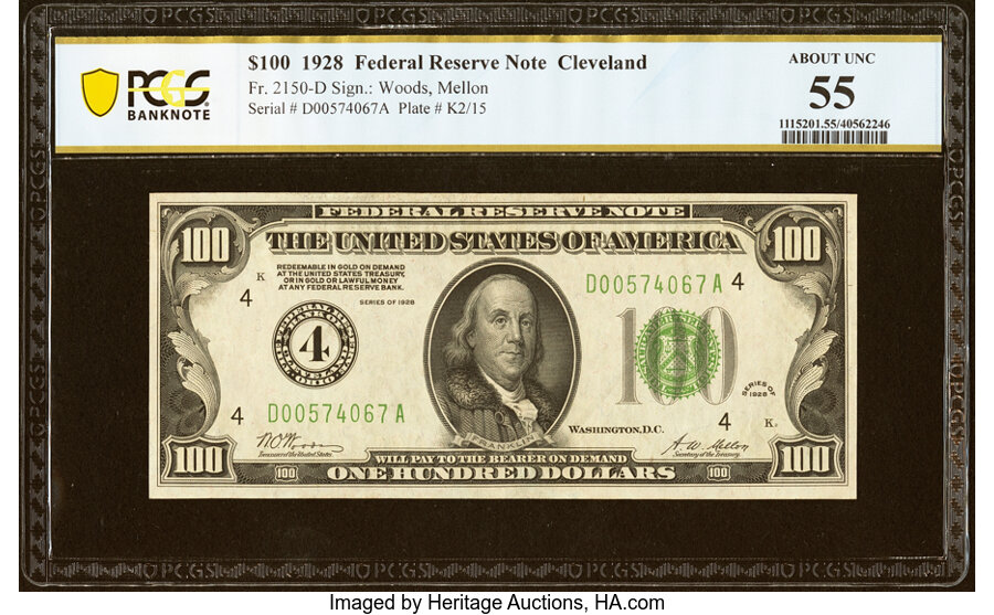 Fr. 2150-D $100 1928 Federal Reserve Note. PCGS Banknote About Unc 55....