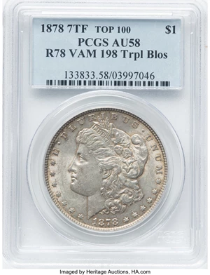 image for: 1878 7TF $1 Reverse of 1878, Tripled Blossoms, VAM-198, AU58 PCGS. A Top 100 Variety. PCGS Population: (19/8). NGC Census: ...