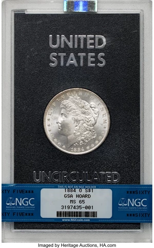 image for: 1884-O $1 GSA MS65 NGC. NGC Census: (32/3). PCGS Population: (4/0). CDN: $450 Whsle. Bid for NGC/PCGS MS65. Mintage 9,730,0...